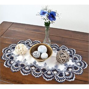 Large Lace Placemat Dresser Scarf Table Runner Blue Navy and White European Table Centerpiece Doily (14Wx27L)