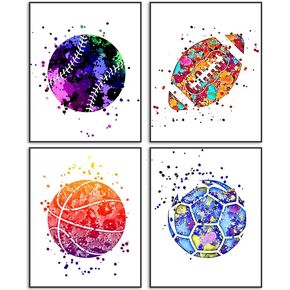 Nilem Design Boys Room Decor Sports Wall Art Football Baseball Soccer Basketball Poster Set of 4 Unframed (8''x10'') Sport Themed Nursery Painting Watercolor Ball Poster Boy Artwork