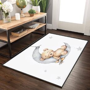 Multi-Theme Soft Anti-Skid Area Rugs Watercolor Hand Draw Brown Bear boy Sleeping on The Moon with Living Room Bedroom Home Kid's Room Door Entrance Decoration Non-Slip Carpet Floor Mats