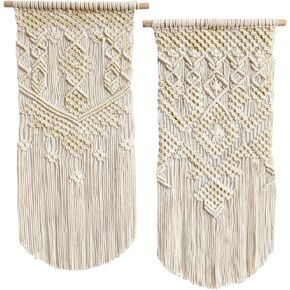 LIVALAYA Boho Macrame Wall Hanging Woven Decor, 24"L x 13"W, Set of 2, Beige wall decor Modern Bohemian Farmhouse woven wall hangings for House Apartment Dorm Room, Nursery, Geometric Aztec Décor