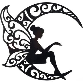 AMNGYOOK Metal Wall Art Decor, Iron Moon Fairy Wall Sculpture Black Hollow Out Wall Hanging Statue For Living Room Bedroom Home (C)