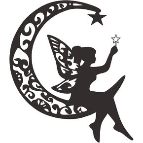 AMNGYOOK Metal Wall Art Decor, Iron Moon Fairy Wall Sculpture Black Hollow Out Wall Hanging Statue For Living Room Bedroom Home (C)