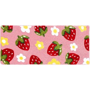 Bathroom Runners Rug, Cute Bedroom Decor, Pink Bathroom Rug Runner, Strawberry Bath Rug, Pink Bathroom Decor, Flower Long Bath Mat for Bathroom, Absorbent Microfiber Rug for Bathtub 20"x47"