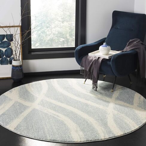 SAFAVIEH Adirondack Collection Area Rug - 6' Round, Charcoal & Ivory, Modern Wave Distressed Design, Non-Shedding & Easy Care, Ideal for High Traffic Areas in Living Room, Bedroom (ADR125R) in Saudi Arabia