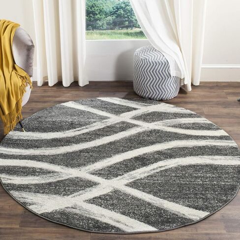 SAFAVIEH Adirondack Collection Area Rug - 6' Round, Charcoal & Ivory, Modern Wave Distressed Design, Non-Shedding & Easy Care, Ideal for High Traffic Areas in Living Room, Bedroom (ADR125R) in Saudi Arabia