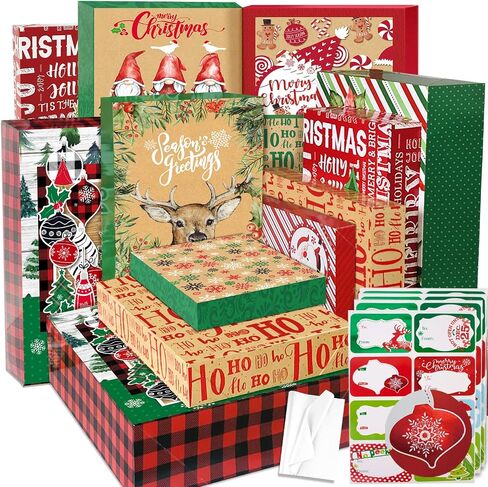 24 Christmas Cookie Bags for Gift Giving with Xmas 80 Gifts Stickers,Small Assorted holiday party Paper Kraft favor Goody Boxes Bulk for Packing,food treat container for wrapping in Kuwait