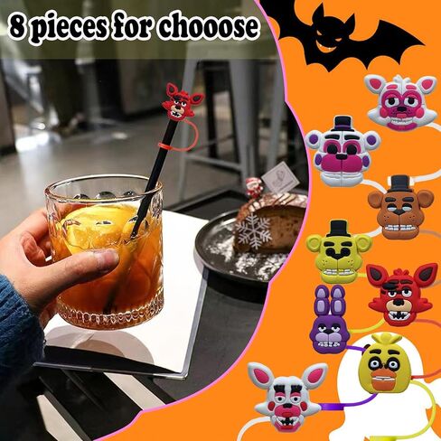 Five Nights Bear Horror Straw Covers 8Pcs - Reusable Halloween Horror Straw Tips with Dust-Proof Toppers for 6-8mm Drinking Straws - Perfect for Parties, Birthdays, and Home Kitchen Party Decor in Saudi Arabia