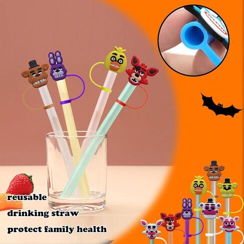 Five Nights Bear Horror Straw Covers 8Pcs - Reusable Halloween Horror Straw Tips with Dust-Proof Toppers for 6-8mm Drinking Straws - Perfect for Parties, Birthdays, and Home Kitchen Party Decor in Saudi Arabia