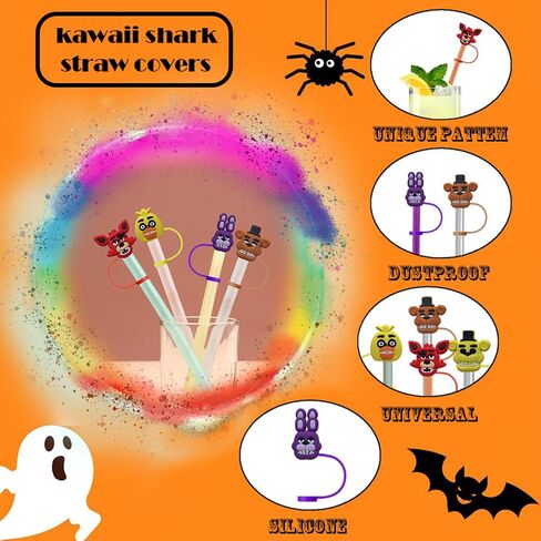 Five Nights Bear Horror Straw Covers 8Pcs - Reusable Halloween Horror Straw Tips with Dust-Proof Toppers for 6-8mm Drinking Straws - Perfect for Parties, Birthdays, and Home Kitchen Party Decor in Saudi Arabia