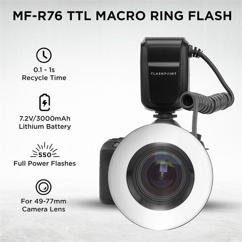 Flashpoint MF-R76 Macro Ring Flash with Manual Exposure Control, Power Adjustment, 0.1-1.5s Recycle Time, 76Ws Macro Flash Ring Powered by 7.2V/3000mAh Lithium-Ion Battery, 660 Full-Power Flashes in Saudi Arabia