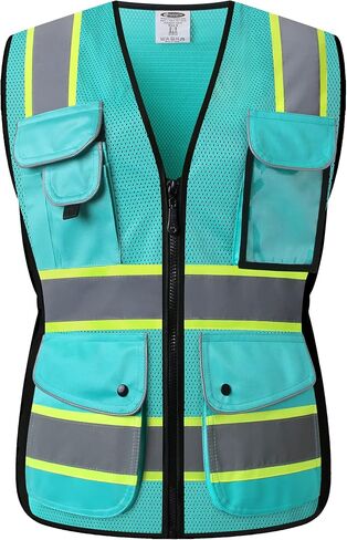 JKSafety 9 جيوب للنساء سترة أمان عاكسة للضوء | شبكة سوداء | شرائط عاكسة مع حواف صفراء ممتدة | متوافق مع ANSI (168-أسود، M) in Saudi Arabia