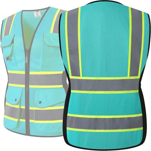 JKSafety 9 جيوب للنساء سترة أمان عاكسة للضوء | شبكة سوداء | شرائط عاكسة مع حواف صفراء ممتدة | متوافق مع ANSI (168-أسود، M) in Saudi Arabia