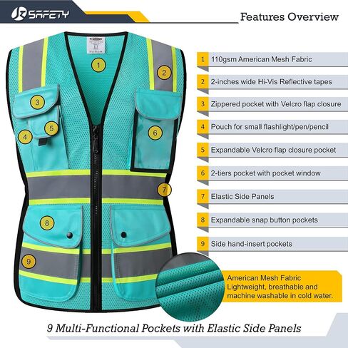 JKSafety 9 جيوب للنساء سترة أمان عاكسة للضوء | شبكة سوداء | شرائط عاكسة مع حواف صفراء ممتدة | متوافق مع ANSI (168-أسود، M) in Saudi Arabia