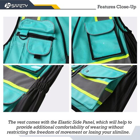JKSafety 9 جيوب للنساء سترة أمان عاكسة للضوء | شبكة سوداء | شرائط عاكسة مع حواف صفراء ممتدة | متوافق مع ANSI (168-أسود، M) in Saudi Arabia