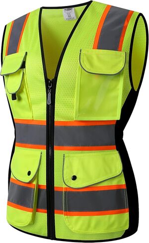 JKSafety 9 جيوب للنساء سترة أمان عاكسة للضوء | شبكة سوداء | شرائط عاكسة مع حواف صفراء ممتدة | متوافق مع ANSI (168-أسود، M) in Saudi Arabia