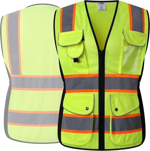 JKSafety 9 جيوب للنساء سترة أمان عاكسة للضوء | شبكة سوداء | شرائط عاكسة مع حواف صفراء ممتدة | متوافق مع ANSI (168-أسود، M) in Saudi Arabia
