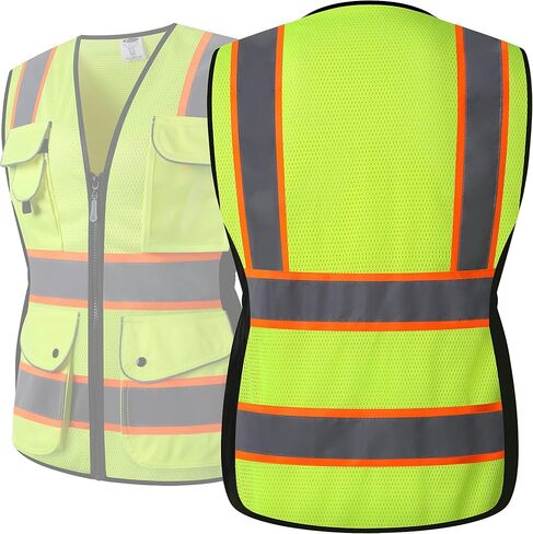JKSafety 9 جيوب للنساء سترة أمان عاكسة للضوء | شبكة سوداء | شرائط عاكسة مع حواف صفراء ممتدة | متوافق مع ANSI (168-أسود، M) in Saudi Arabia