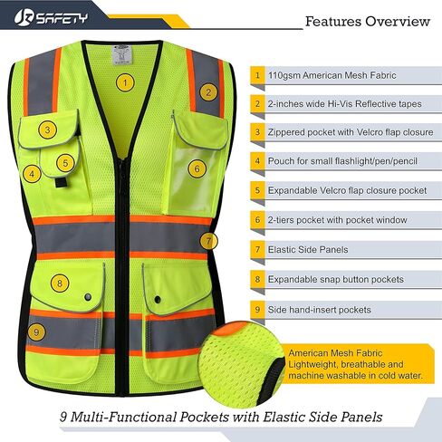 JKSafety 9 جيوب للنساء سترة أمان عاكسة للضوء | شبكة سوداء | شرائط عاكسة مع حواف صفراء ممتدة | متوافق مع ANSI (168-أسود، M) in Saudi Arabia