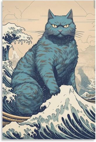 HHGaoArt Funny Great Wave Off Kanagawa Wall Art Vintage Japanese Poster Starry Night Painting Picture for Living Room (3-cat,16x24inch-Unframe) in Saudi Arabia