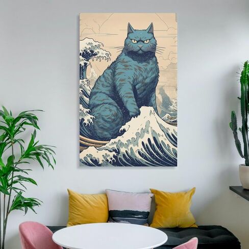HHGaoArt Funny Great Wave Off Kanagawa Wall Art Vintage Japanese Poster Starry Night Painting Picture for Living Room (3-cat,16x24inch-Unframe) in Saudi Arabia