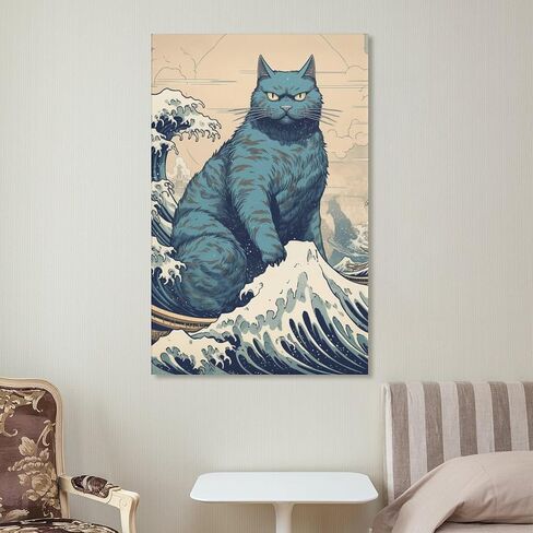 HHGaoArt Funny Great Wave Off Kanagawa Wall Art Vintage Japanese Poster Starry Night Painting Picture for Living Room (3-cat,16x24inch-Unframe) in Saudi Arabia