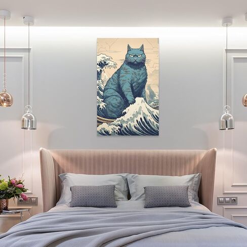 HHGaoArt Funny Great Wave Off Kanagawa Wall Art Vintage Japanese Poster Starry Night Painting Picture for Living Room (3-cat,16x24inch-Unframe) in Saudi Arabia