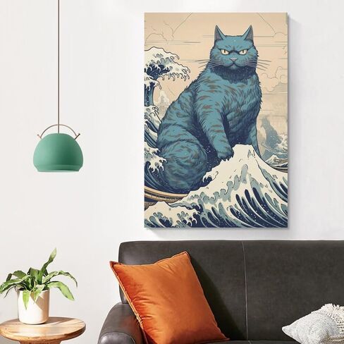 HHGaoArt Funny Great Wave Off Kanagawa Wall Art Vintage Japanese Poster Starry Night Painting Picture for Living Room (3-cat,16x24inch-Unframe) in Saudi Arabia
