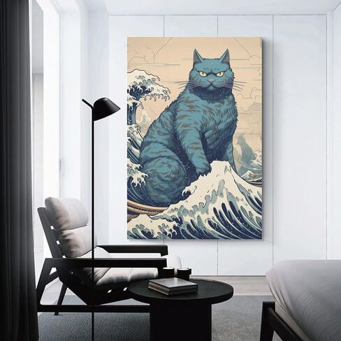 HHGaoArt Funny Great Wave Off Kanagawa Wall Art Vintage Japanese Poster Starry Night Painting Picture for Living Room (3-cat,16x24inch-Unframe) in Saudi Arabia