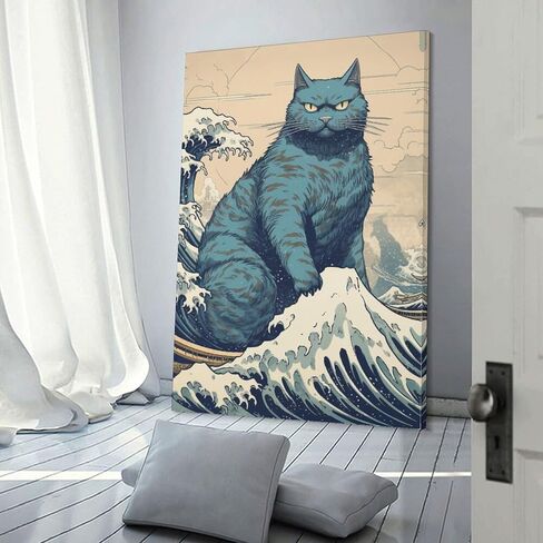 HHGaoArt Funny Great Wave Off Kanagawa Wall Art Vintage Japanese Poster Starry Night Painting Picture for Living Room (3-cat,16x24inch-Unframe) in Saudi Arabia