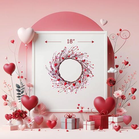 إكليل عيد الحب مقاس 45.72 سم، إكليل التوت على شكل قلب لعيد الحب بالباب الأمامي لتزيين حفلات الزفاف في عيد الحب، باللون الوردي والأحمر in Kuwait