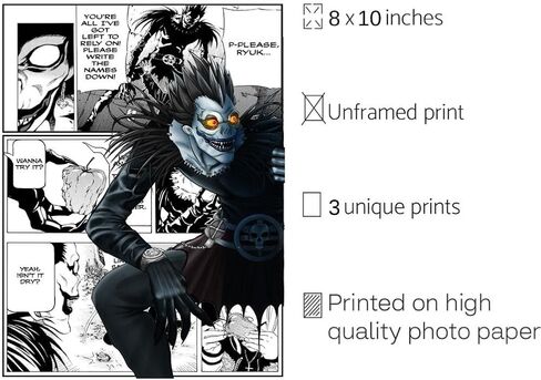 Ouroboros Art & Design - مجموعة ملصقات الرسوم المتحركة Death Note - Yagami Light وRyuk وL - ورق ممتاز غير لامع 300 جرام في المتر المربع - مجموعة من 3-8x10 بوصة - غير مؤطرة in Kuwait