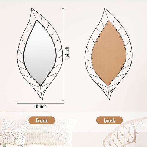 Chunful 2 Pack Wall Mirrors 36 x 18 Inch Decorative Leaf Mirror Artistic Modern Mirror Leaves Shaped Mirrors Decor for Living Room, Bedroom, Bathroom, Farmhouse, Vanity, Apartment Home (Black) in Saudi Arabia