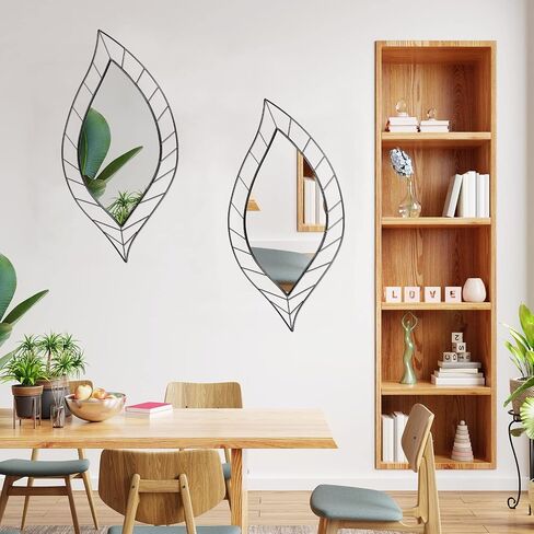 Chunful 2 Pack Wall Mirrors 36 x 18 Inch Decorative Leaf Mirror Artistic Modern Mirror Leaves Shaped Mirrors Decor for Living Room, Bedroom, Bathroom, Farmhouse, Vanity, Apartment Home (Black) in Saudi Arabia
