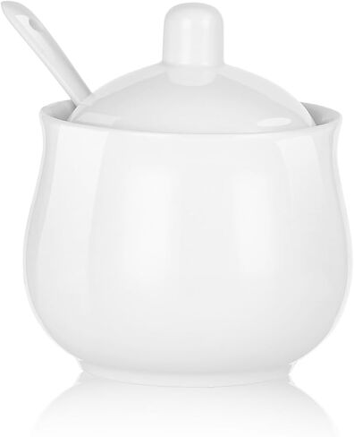 Ceramic Sugar Bowl with Lid and Spoon, White Porcelain Sugar Salt Pepper Storage Jar, 8 Ounces in Saudi Arabia