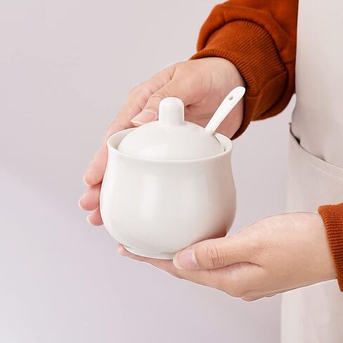 Ceramic Sugar Bowl with Lid and Spoon, White Porcelain Sugar Salt Pepper Storage Jar, 8 Ounces in Saudi Arabia