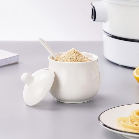 Ceramic Sugar Bowl with Lid and Spoon, White Porcelain Sugar Salt Pepper Storage Jar, 8 Ounces in Saudi Arabia