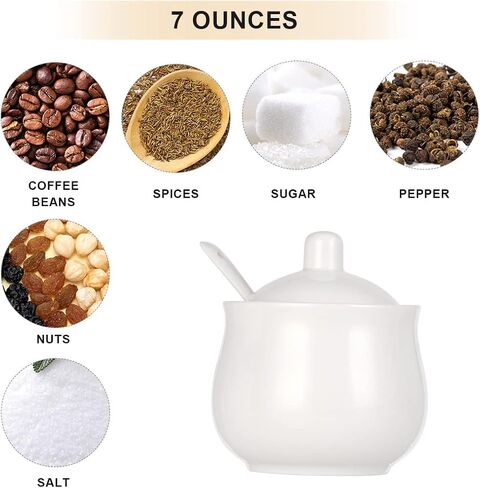 Ceramic Sugar Bowl with Lid and Spoon, White Porcelain Sugar Salt Pepper Storage Jar, 8 Ounces in Saudi Arabia