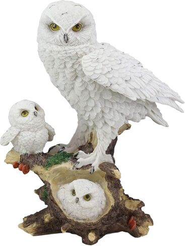 Ebros Snowy Tundra White Owl Perching On Tree Branch with Baby Owlets Statue 12" Tall Whimsical Tundra Forest Nocturnal Taxidermy Owls Figurine in Saudi Arabia