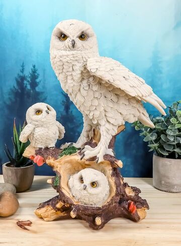 Ebros Snowy Tundra White Owl Perching On Tree Branch with Baby Owlets Statue 12" Tall Whimsical Tundra Forest Nocturnal Taxidermy Owls Figurine in Saudi Arabia