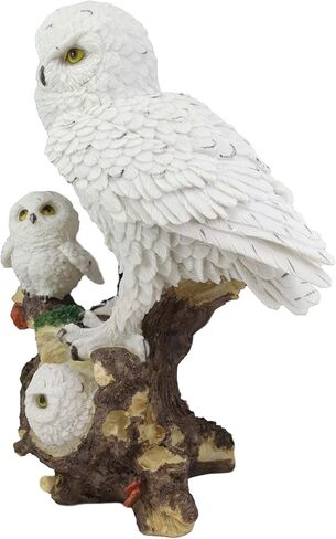Ebros Snowy Tundra White Owl Perching On Tree Branch with Baby Owlets Statue 12" Tall Whimsical Tundra Forest Nocturnal Taxidermy Owls Figurine in Saudi Arabia