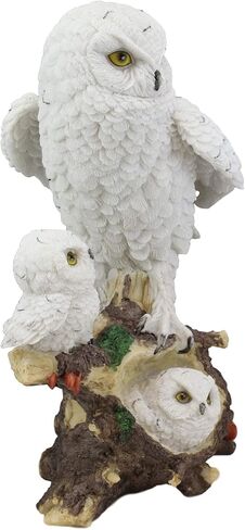 Ebros Snowy Tundra White Owl Perching On Tree Branch with Baby Owlets Statue 12" Tall Whimsical Tundra Forest Nocturnal Taxidermy Owls Figurine in Saudi Arabia