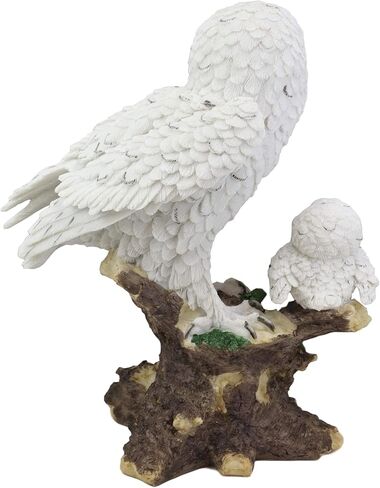 Ebros Snowy Tundra White Owl Perching On Tree Branch with Baby Owlets Statue 12" Tall Whimsical Tundra Forest Nocturnal Taxidermy Owls Figurine in Saudi Arabia