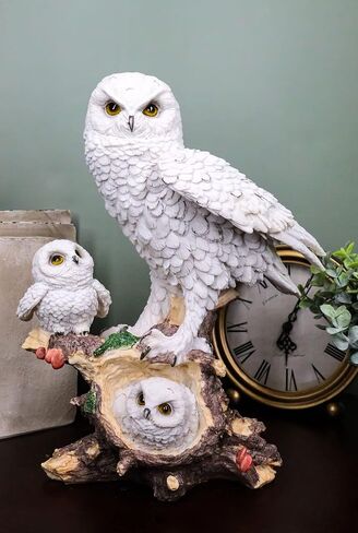Ebros Snowy Tundra White Owl Perching On Tree Branch with Baby Owlets Statue 12" Tall Whimsical Tundra Forest Nocturnal Taxidermy Owls Figurine in Saudi Arabia