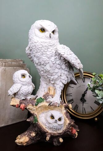 Ebros Snowy Tundra White Owl Perching On Tree Branch with Baby Owlets Statue 12" Tall Whimsical Tundra Forest Nocturnal Taxidermy Owls Figurine in Saudi Arabia