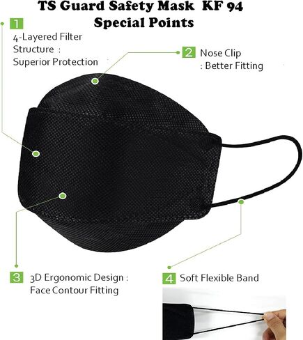 INT 【 30 Pack 】 KF94 Mask, Certified, Black TS Guard Safety Face Mask ; 4-Layered Protection, Tri-Folding Style, 3D-Ergonomic Design, Black Color, Large Size, Made in Korea. (30) in Saudi Arabia