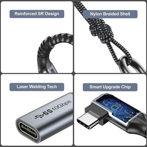 كابل تمديد USB C بطول 3 أقدام، سلك موسع USB من النوع C USB 3.1 (10 جيجابت في الثانية) ذكر إلى أنثى بزاوية قائمة شحن سريع متوافق مع أجهزة Mac-Book Pro/Air، Switch، الكمبيوتر المحمول، الكمبيوتر اللوحي والهاتف المحمول in Kuwait