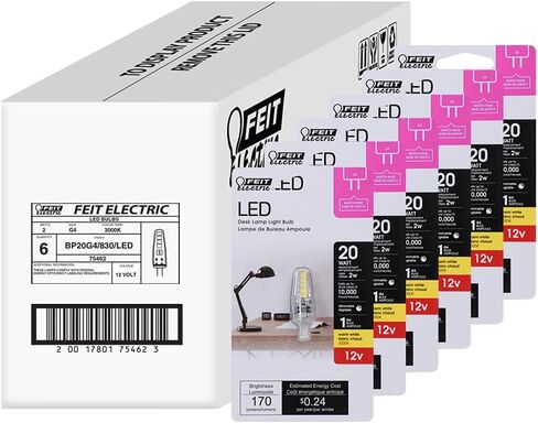 Feit Electric LED Capsule Specialty Light Bulb, 20W Equivalent, Dimmable, G4 Base, 3000K Warm White, 170 Lumens, Desk Lamp Light Bulbs with 10,000-Hour Lifetime, BP20G4/830/LED/6, 6-Pack in Saudi Arabia