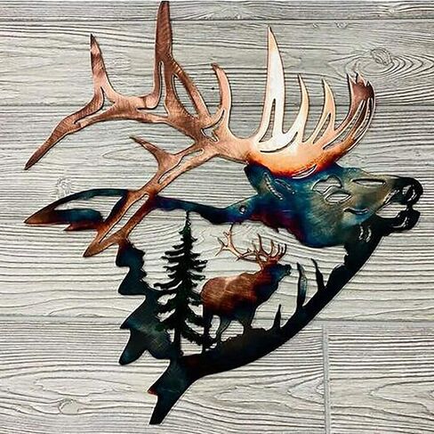ArtsyCase Home Collection ديكور جدار معدني، Elk Deer Metal Wall Art Sculpture Craft Craft مع ريفي ديكور كابينة ديكور جدار معلق لغرفة المعيشة وغرفة النوم والحمام الداخلي، 12.8 بوصة in Saudi Arabia