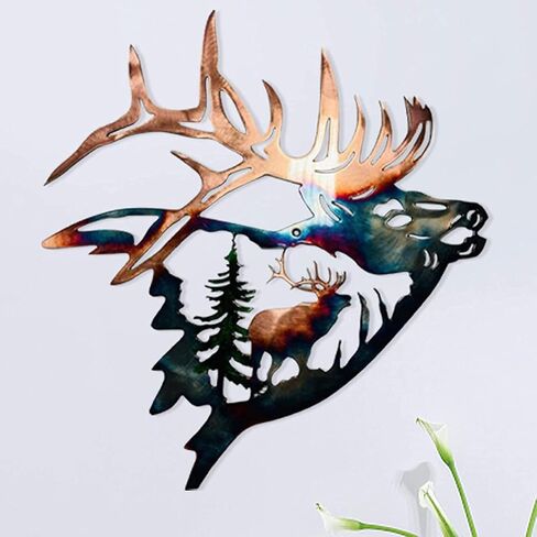 ArtsyCase Home Collection ديكور جدار معدني، Elk Deer Metal Wall Art Sculpture Craft Craft مع ريفي ديكور كابينة ديكور جدار معلق لغرفة المعيشة وغرفة النوم والحمام الداخلي، 12.8 بوصة in Saudi Arabia