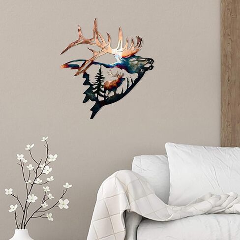 ArtsyCase Home Collection ديكور جدار معدني، Elk Deer Metal Wall Art Sculpture Craft Craft مع ريفي ديكور كابينة ديكور جدار معلق لغرفة المعيشة وغرفة النوم والحمام الداخلي، 12.8 بوصة in Saudi Arabia